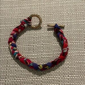 Anthropologie Braided Red and Pink Multicolor Fabric Bracelet with Gold Toggle